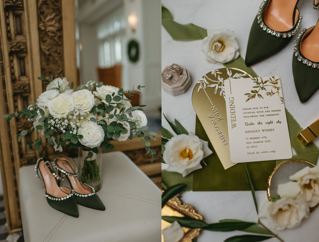 Renault Winery wedding day details. Green velvet shoes, gold and reflective wedding invitations, wedding rings, cream and green florals, gold mirror and gold detailing.