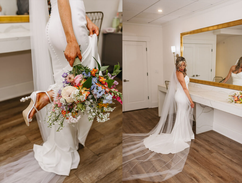 Renault Winery wedding in Egg Harbor, NJ. A bride in her getting ready suit at Renault Winery wedding venue. Posing with her dress, veil, white heels, and her vibrant and colorful bouquet.