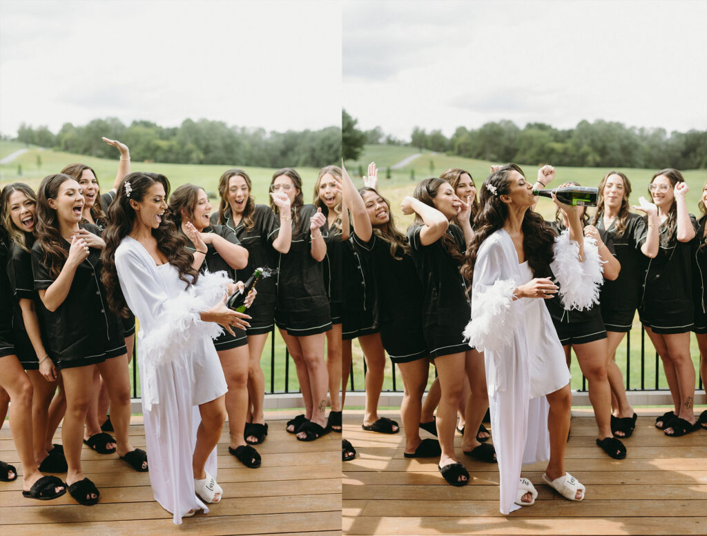 A bride with her bridesmaids in their robes and popping champagne before getting ready for a wedding at the Bluestone Estate in Lancaster County, PA.