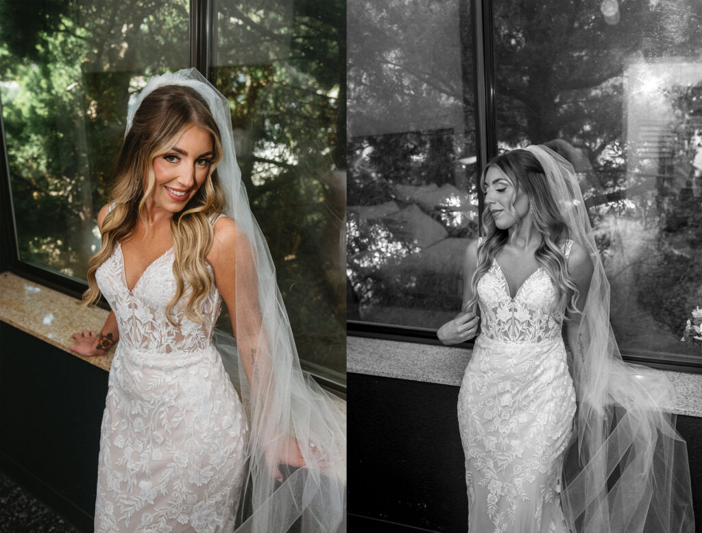 A bride posing at a window in her wedding dress and veil for her Riverdale Manor wedding in Lancaster, PA.