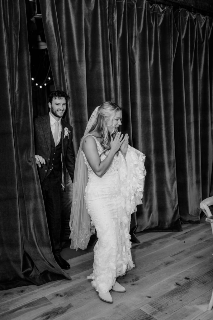 Bride and groom having their reception space reveal at Terrain Gardens at Styers in Glen Mills, PA!